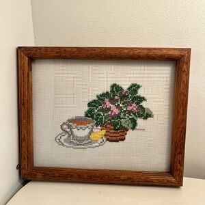 Framed Cross-Stitch Tea and Plant Art